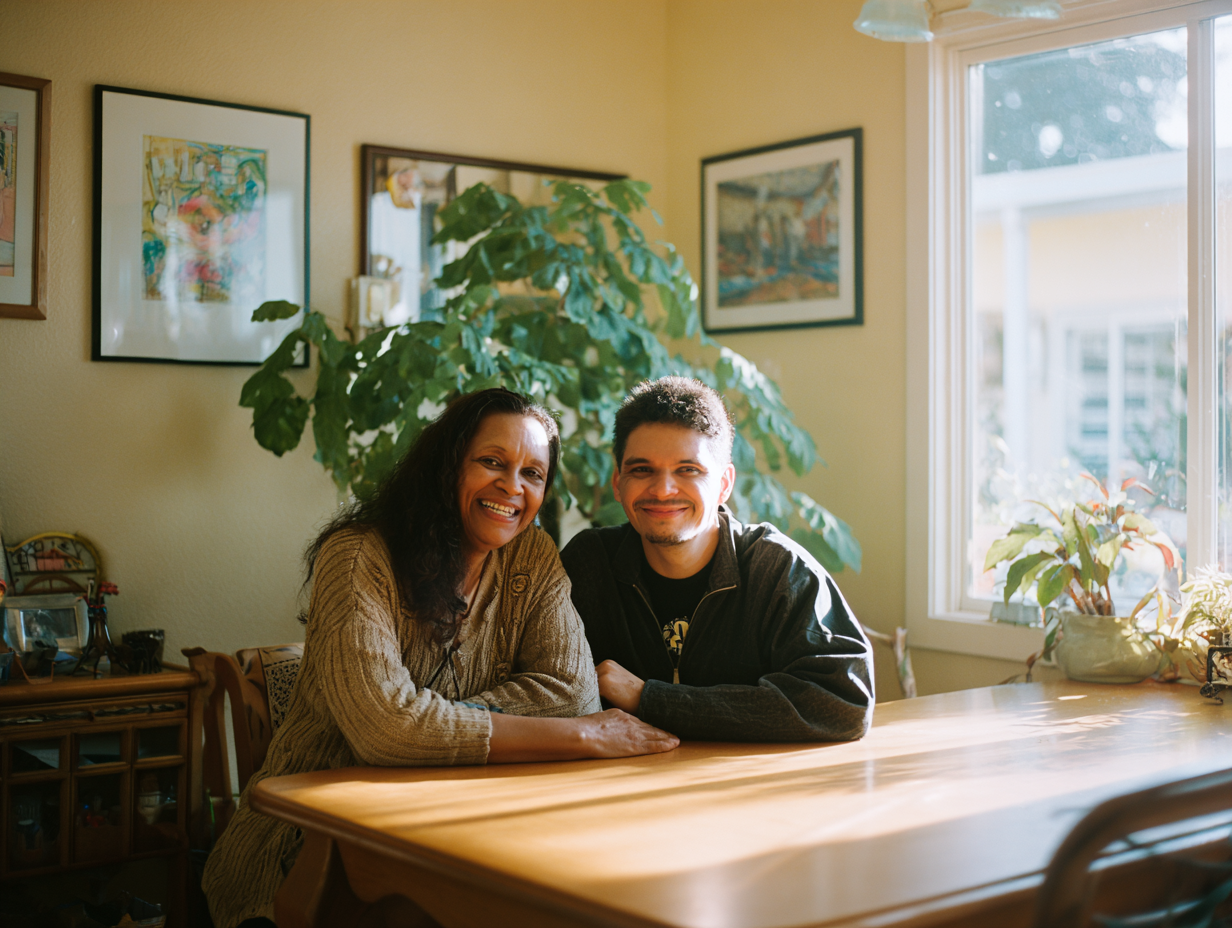 A caregiver and resident sharing a warm moment in a California residential care home